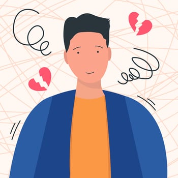 flat illustration broken heart man with fake smile face expression vector