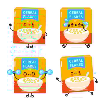 Funny cute happy cereal flakes characters bundle set. Vector hand drawn doodle style cartoon character illustration icon design. Cute cereal flakes mascot character collection