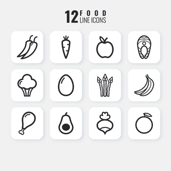 set of linear icons of vegetables, meat and fruits for a healthy diet. vector