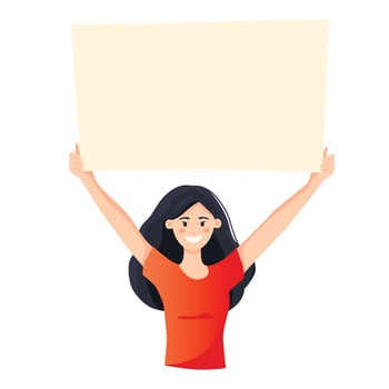 A young woman holding a blank poster with place for text. Hand drawn style vector trendy illustration.