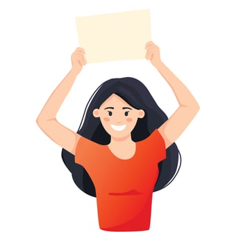 A young woman holding a blank poster with place for text. Hand drawn style vector trendy illustration.