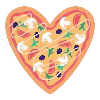 Pizza with tomatoes, mushrooms, olives, salad and sauce in the form of heart. Love concept. Vector illustration isolated on a white background.