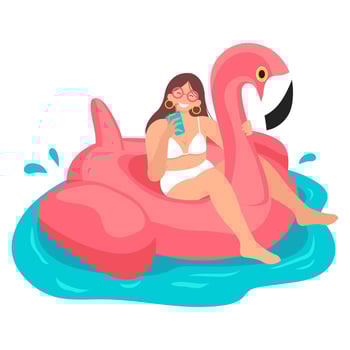 Tan girl with sunglasses sits on flamingo inflatable float and drinks cocktail. Summer vacation concept. Vector illustration on a white background.