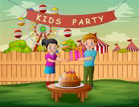 Friend guest boy giving present to girl celebrating birthday vector