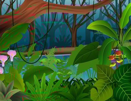 Dense, green tropical forest and a fresh river vector