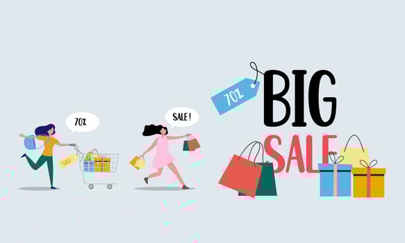 People run with shopping cart bag present box black friday big sale banner vector illustration