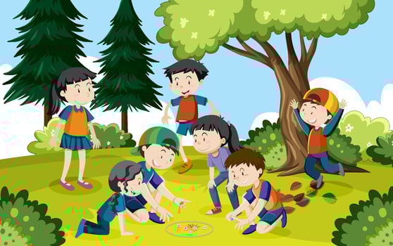 Outdoor park with children playing marbles vector