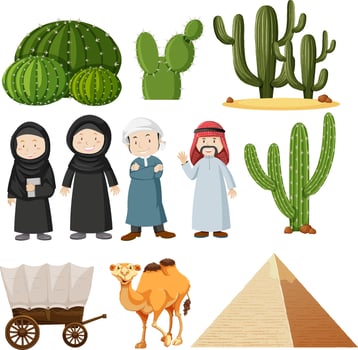 Arabic people and cactus plants vector