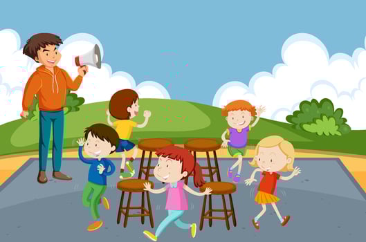 Kids doing physical activity with music chair vector