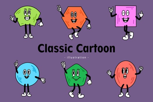 Set of Cute Classic Vintage Cartoon Comic emotion Happy with face expression hand and foot doodle character vector
