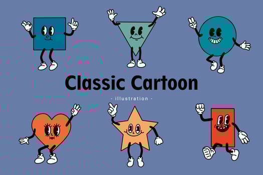 Set of Cute Classic Vintage Cartoon Comic emotion Happy with face expression hand and foot doodle character vector