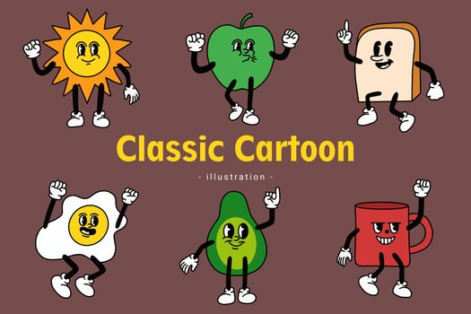 Set of Cute Classic Vintage Cartoon Comic emotion Happy with face expression hand and foot doodle character vector