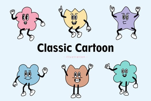 Set of Cute Classic Vintage Cartoon Comic emotion Happy with face expression hand and foot doodle character vector