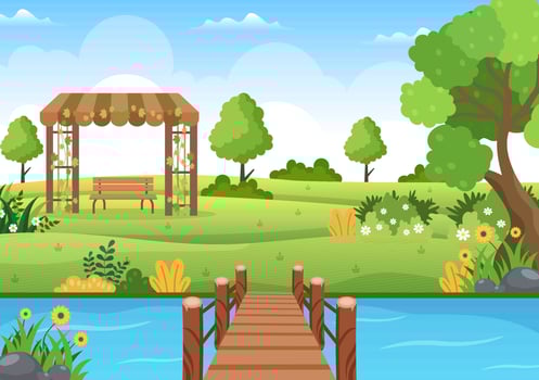 Beautiful Garden Cartoon Background Illustration With A Landscape Nature Of Plant, Flowers, Tree and Green Grass in Flat Design Style vector