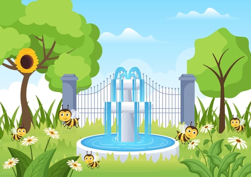 Beautiful Garden Cartoon Background Illustration With Scenery Nature of Plants, Various Animals, Flowers, Tree and Green Grass in Flat Design Style vector
