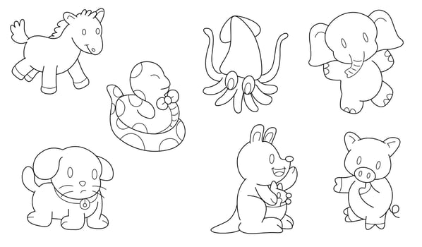 Cute design animal outline vector set 31  , horse dog snake kangaroo squid elephant pig