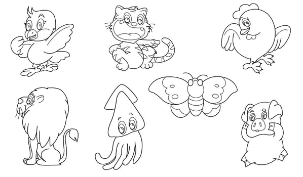 Cute design animal outline vector set 25  , bird tiger chicken lion squid butterfly pig