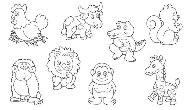 Cute design animal outline vector set 33 , chicken monkey lion cow crocodile giraffe
