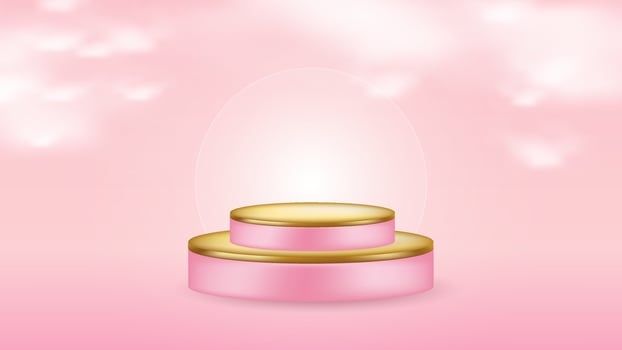 Pink and gold 3d podium with clouds. Product showcase with soft light. Minimal luxury platform for cosmetic vector