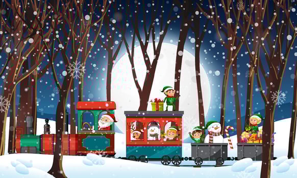 Santa riding on the train in winter vector