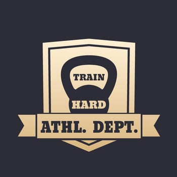 Athletic department gold emblem with kettlebell vector