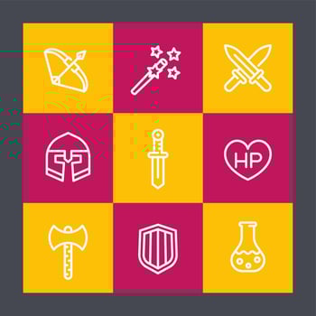 Game line icons set, RPG, fantasy, swords, magic wand, knight, bow, helmet, potion vector