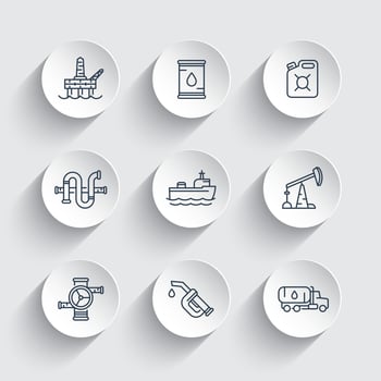 Petroleum industry line icons, gasoline nozzle, barrel, oil and gas production platform, petrol canister, rig, derrick, tanker ship, vector illustration
