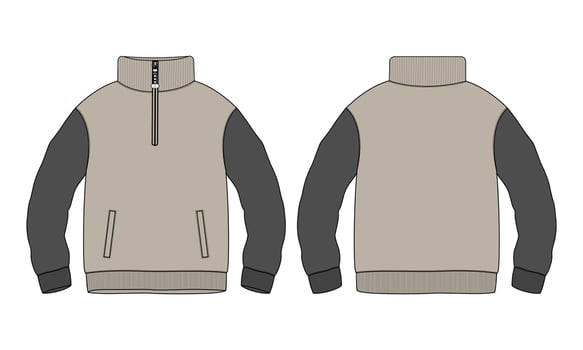 Two tone khaki color Cotton jersey fleece jacket Sweatshirt technical fashion Flat sketch Vector illustration template Front and back views. Flat apparel Sweater Jacket mock up Isolated on White