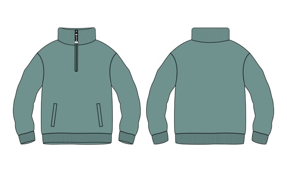 Cotton jersey fleece jacket Sweatshirt technical fashion Flat sketch Vector illustration Green Color template Front and back views. Flat apparel Sweater Jacket mock up Isolated on White background.