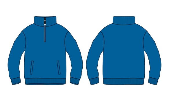 Cotton jersey fleece jacket Sweatshirt technical fashion Flat sketch Vector illustration blue Color template Front and back views. Flat apparel Sweater Jacket mock up Isolated on White background.