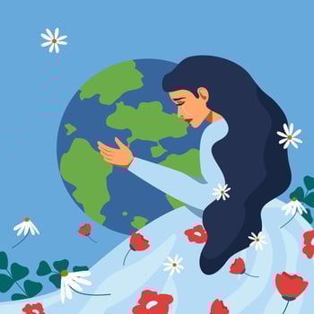 The girl hugs the planet Earth. Earth protection concept. Earth Day vector