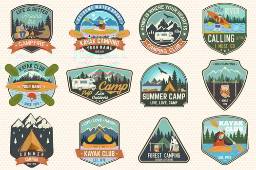 Set of summer camp, canoe and kayak club badges. Vector. Concept for patch. Retro design with camping, mountain, river, american indian and kayaker silhouette. Extreme water sport kayak patches vector
