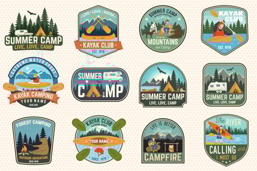 Set of summer camp, canoe and kayak club badges. Vector. For patch. Design with camping, mountain, river, american indian and kayaker silhouette. Extreme camp and water sport kayak patches vector