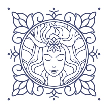 Vector illustration of a goddess icon with floral ornaments around it