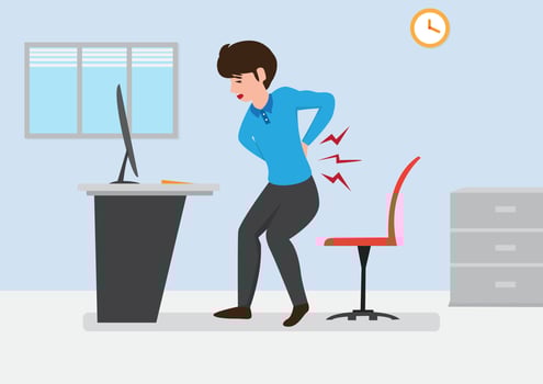 Back pain. Be patient. Male character. Back pain. Muscle pain or injury,  care, office syndrome vector