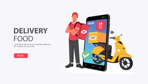 Delivery truck. Man sending delivery package with van, delivery service concept on laptop. vector