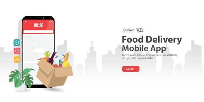 Fast delivery by box food on smartphone. Order package in E-commerce by app with background white silhouette city . Vector illustration