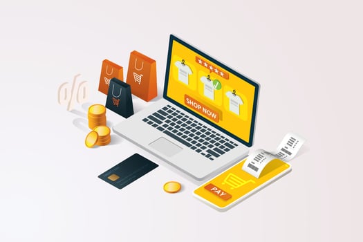 Online shopping via laptop, paper bags, Paying via credit card via mobile vector