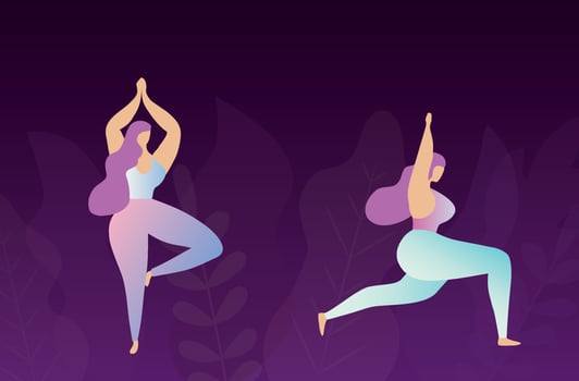 Beautiful plus size woman doing yoga exercise vector illustration. Love my body and body acceptance concept.