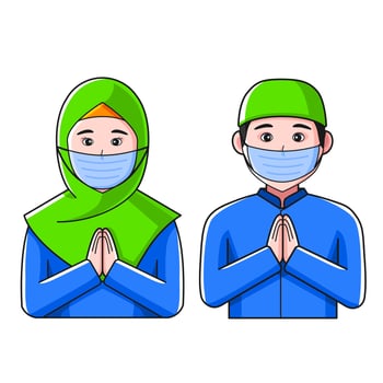 cute couple young man and woman wear masks. muslim. flat vector illustration