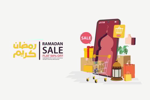 Ramadan sale banners on mobile online, discount and best offer tag, label or sticker set on occasion of Ramadan Kareem and Eid Mubarak, vector illustration