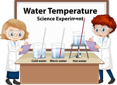 Scientist kids explaining water temperature experiment vector