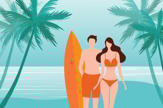 Loving couple surfing on the summer beach vector illustration