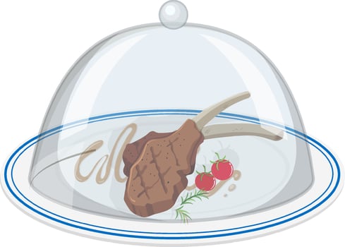 Lamb chop and tomatoes on plate with glass cover on white background vector