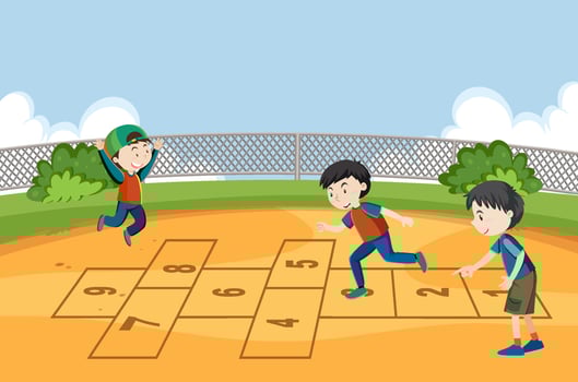 Children playing hopscotch game at the park vector