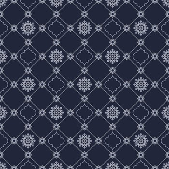 Islamic geometric star and quatrefoil shape grid seamless pattern blue grey color background. Batik sarong pattern. Use for fabric, textile, cover, interior decoration elements, wrapping. vector