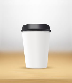 Coffee cup on a wood table. Vector 3d illustration