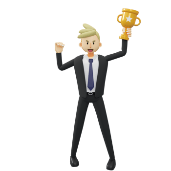 Business concept.successful.Full length of businessman is holding a trophy.3d rendering cartoon illustration. png