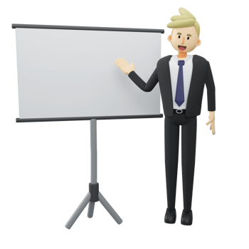 Business concept.Full length of businessman is presenting explaining with whiteboard.3d rendering cartoon illustration. png
