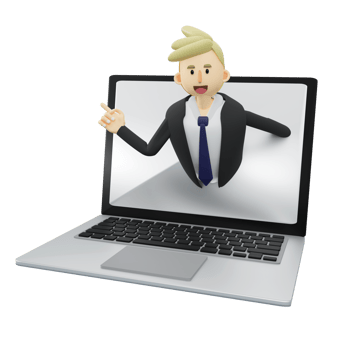 Business concept.Fast service.businessman is came out from laptop.3d rendering cartoon illustration. png